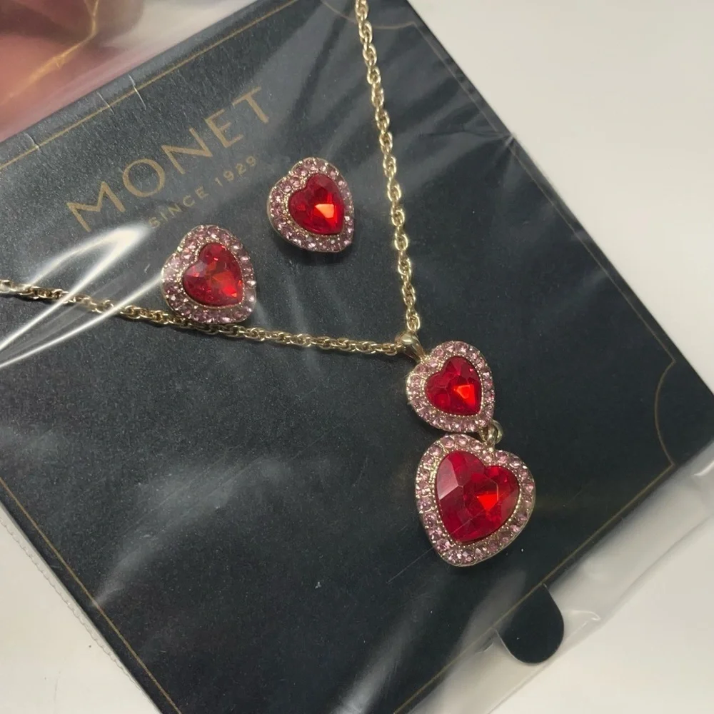 Monet red heart set earrings and necklace - Picture 3 of 4